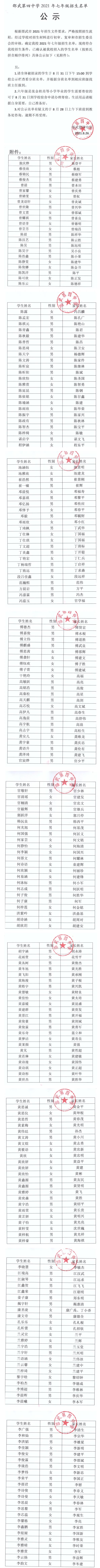 邵武第四中学2021年七年级招生名单公示