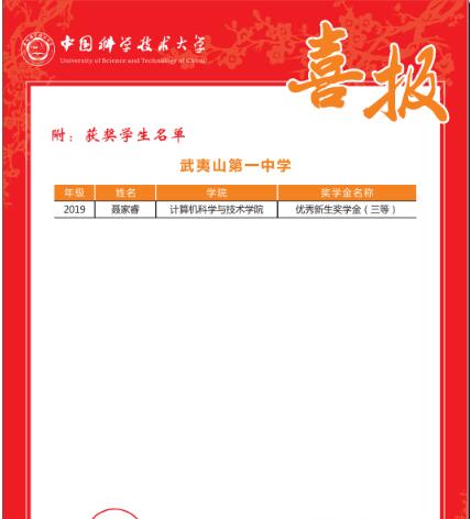 2019届毕业生聂家睿同学获中国科学技术大学优秀新生奖学金