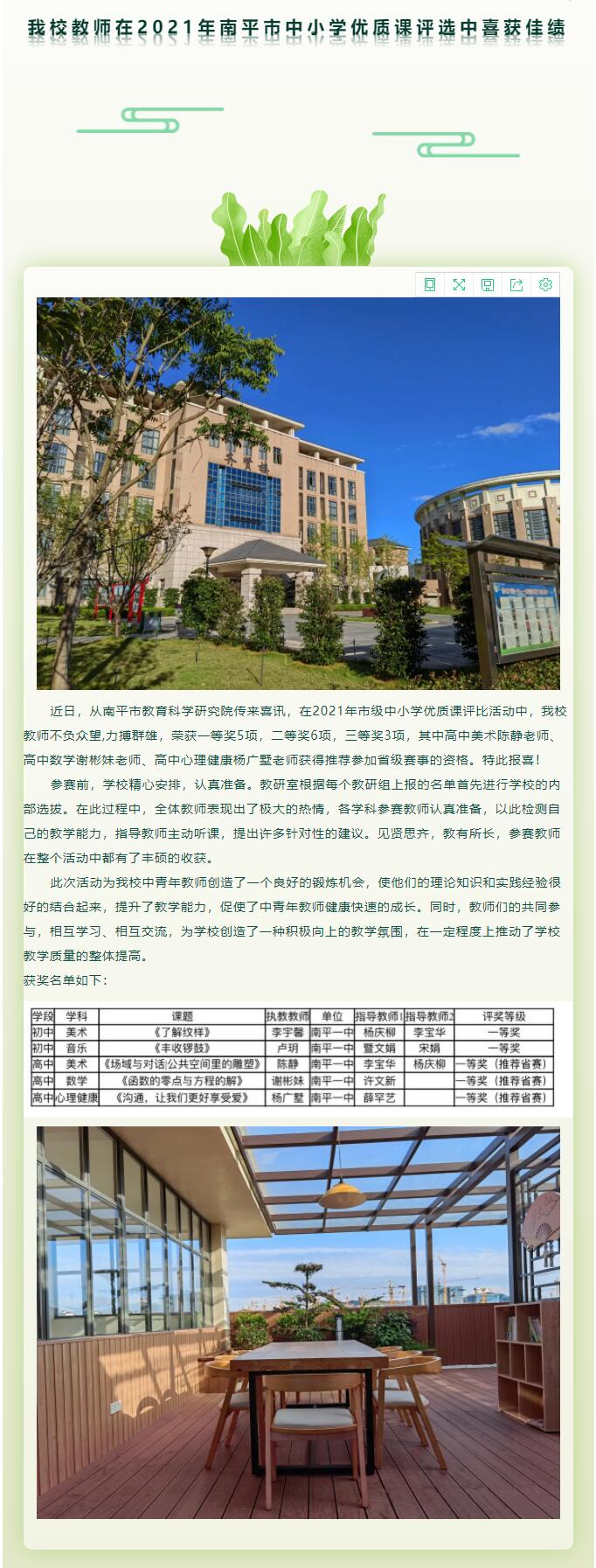 南平一中教师在2021年南平市中小学优质课评选中喜获佳绩