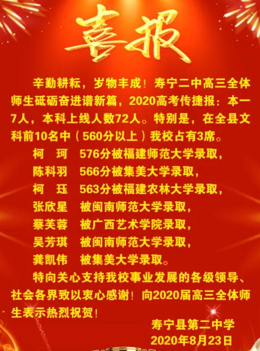 寿宁县第二中学2020届高考喜报（II）