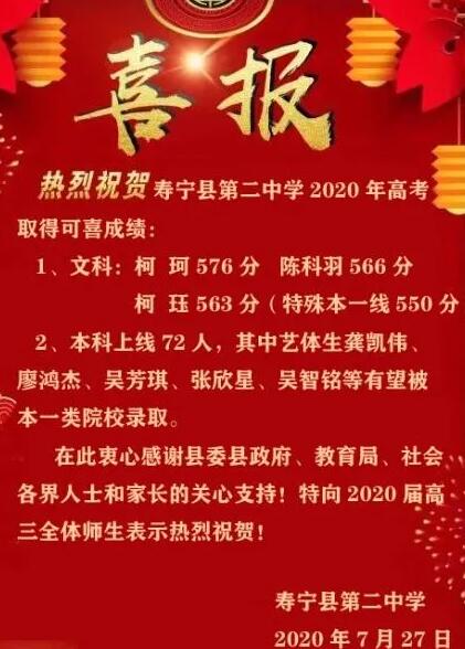 寿宁县第二中学2020届高考喜报