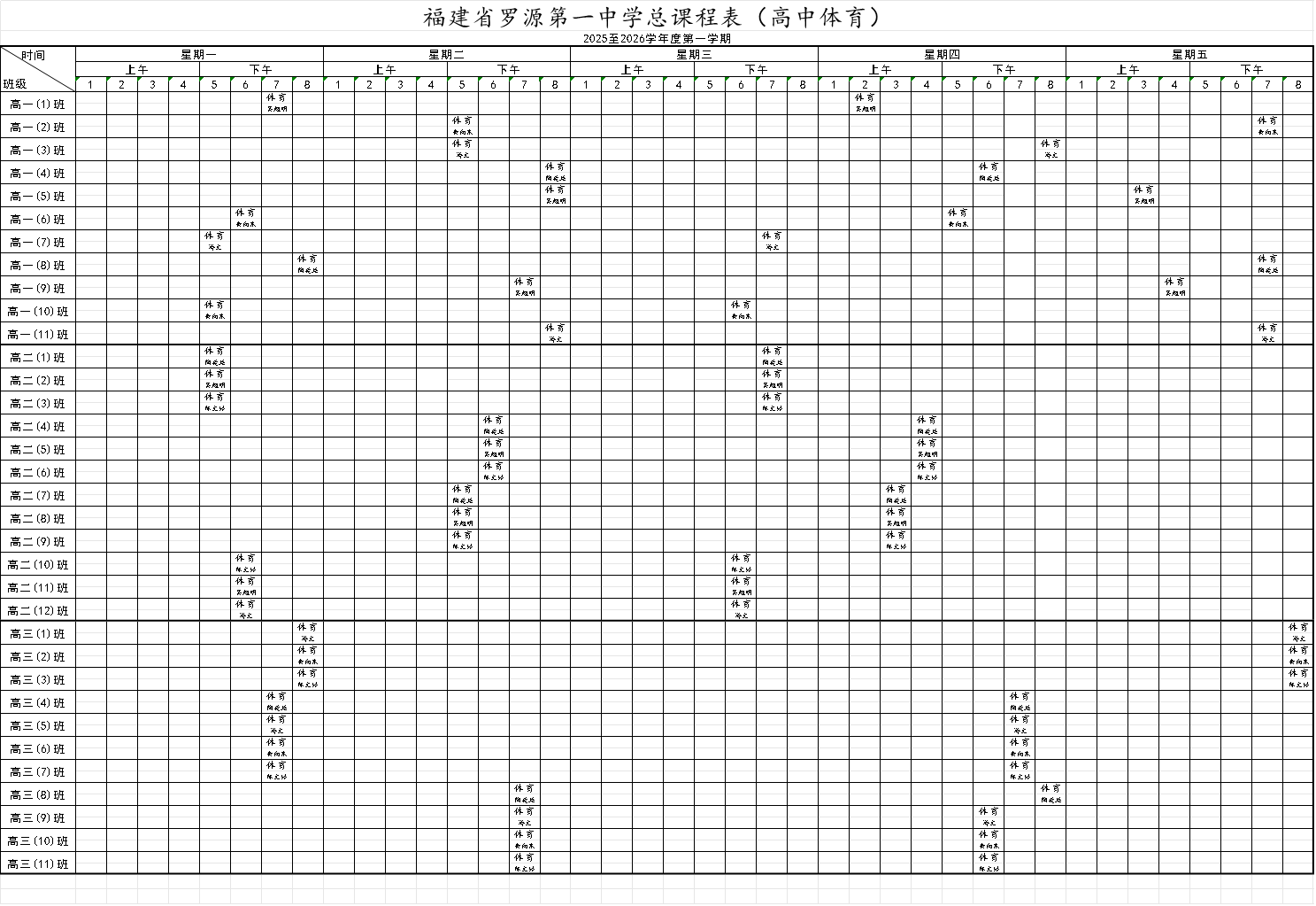 福建省罗源第一中学2025-2026学年第一学期体育与健康课程总表公示