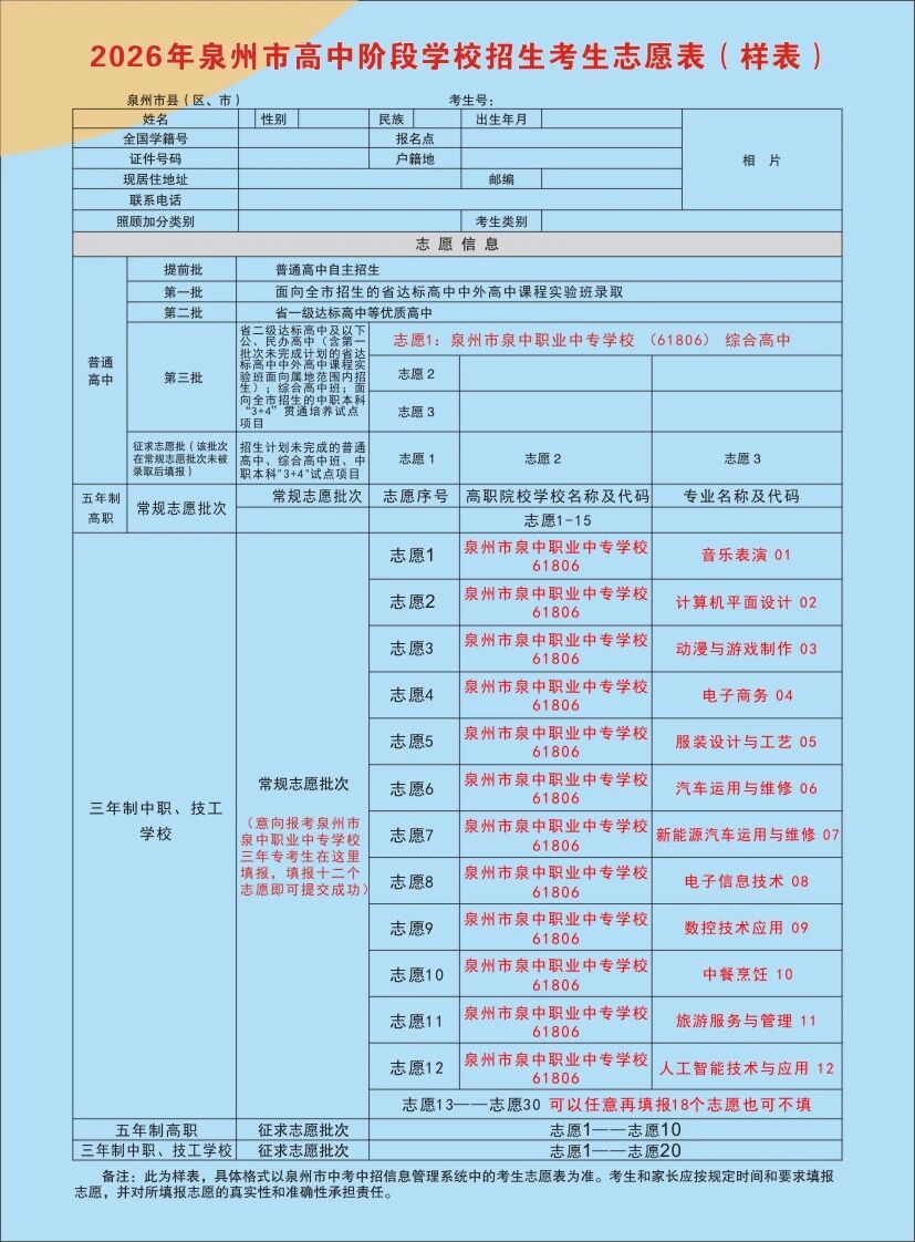 泉州市泉中职业中专学校2026年三年专招生简章