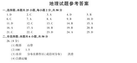 2020年福建中考地理真题答案(图片版）