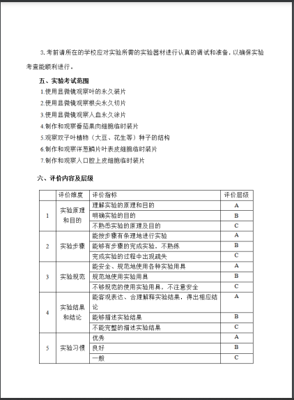 2022年福州市初中生物实验考查方案